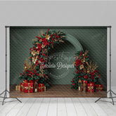Aperturee - Aperturee Modern Christmas Floral Arch Photography Backdrop Red and Gold Poinsettia Half-Arch Elegant Holiday Photo Background